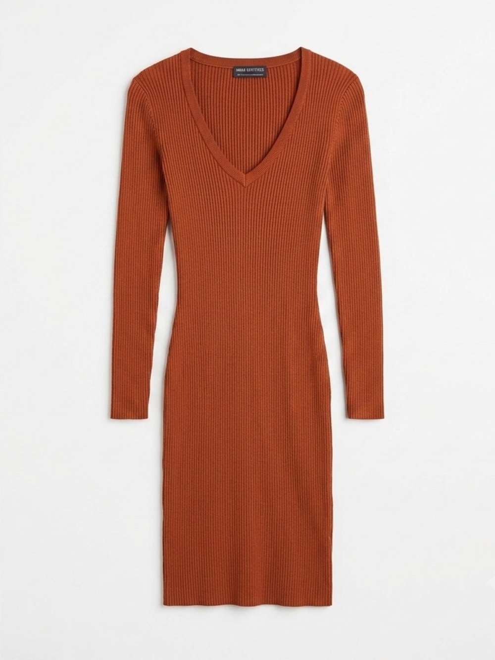 Urban Outfitters XS RibKnit Deep V-Neck Long Sleeve BodyCon Dress in Rust Orange